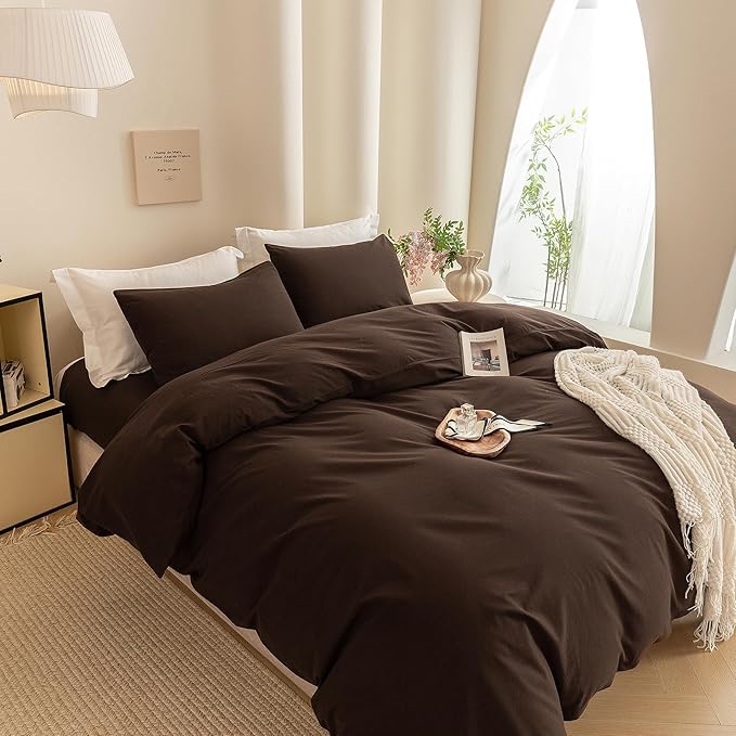 ECOCOTT Duvet Cover King Size -100% Washed Cotton Linen Like Textured Breathable Durable Soft Comfy Bedding Set with Zipper Closure & Corner Ties Chocolate Brown