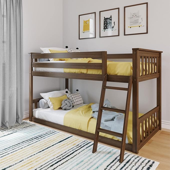 Max & Lily Twin Over Twin Low Bunk Bed with Ladder, Wooden Bunk beds with 14” Safety Guardrail for Kids,Toddlers, Boys, Girls, Teens, Bedroom Furniture, Walnut