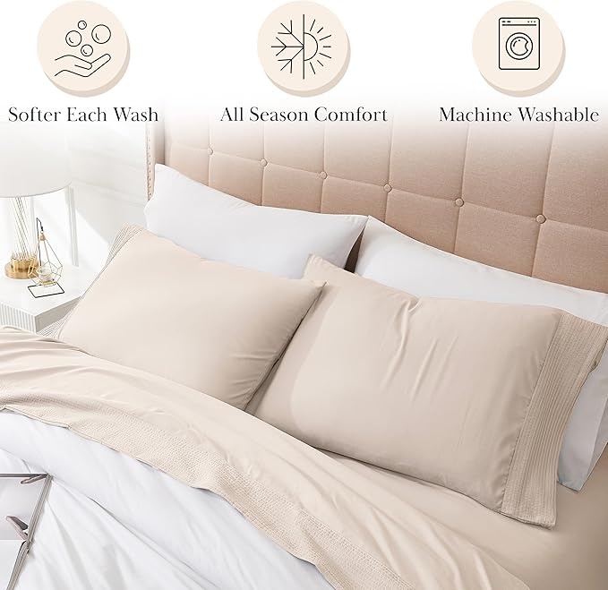 Southshore Fine Living, Inc. 4-Piece King Size Sheets Set, Deep Pocket Bed Sheets, King Size Set with Extra Deep King Size Fitted Sheet, Pleated Flat Sheet and 2 Pillow Cases, Bone Sheets King