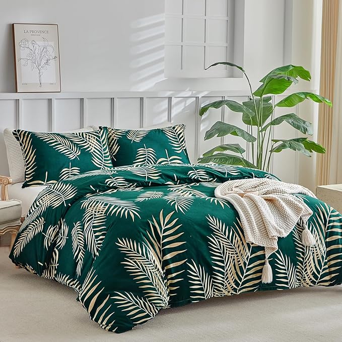 Lekesky Queen Duvet Cover Set, Green and Gold Tropical Palm Leaf Pattern Comforter Cover Queen Size, 3 Pieces Soft Microfiber Bedding Sets with Zipper & 2 Pillowcases, Green