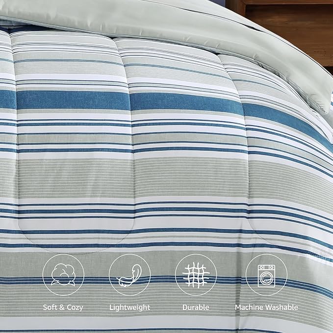Queen Comforter Set Striped, Royal Blue Bedding Set 7 Pieces for Boys Girls Teen, All Season Bed in a Bag for Dorm with Sheets, Pillowcases & Shams