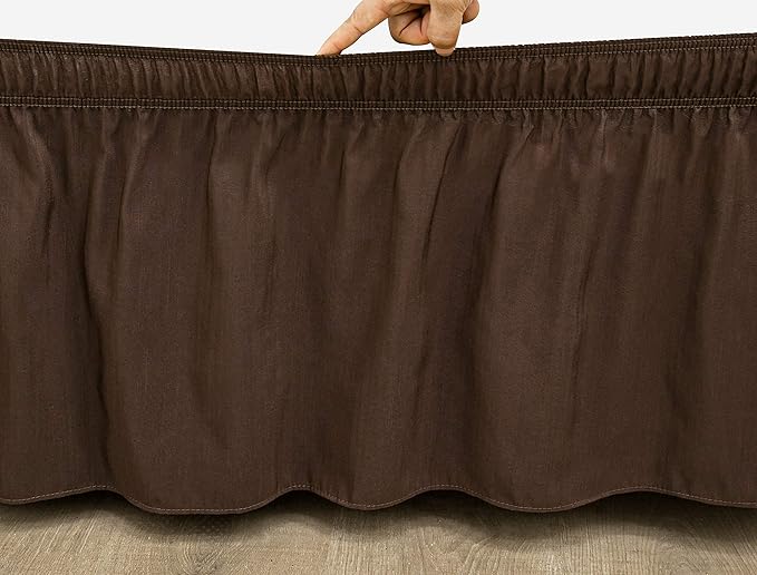 Wrap Around Bed Skirts Elastic Dust Ruffles, Easy Fit Wrinkle and Fade Resistant Silky Microfiber Fabric Solid Color Bedskirt, 12 Inch Tailored Drop Brown for King XL Size Bed Skirt