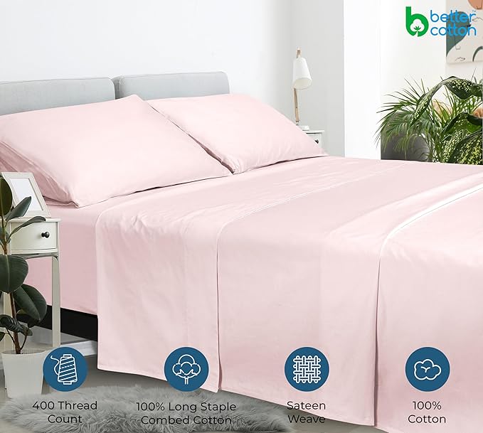 400 Thread Count 100% American Grown Cotton Flat Sheet - Cooling Sheets - Twin Sheets - Luxury Sateen Weave - Twin Flat Sheet Sold Separately - Super Soft Pink Flat Sheet Only (Twin, Kyoto Blush)