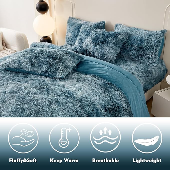 PERFEMET Plush Fluffy Comforter Set Twin Size Kids 3 Piece Turquoise Shaggy Faux Fur Tie Dye Bedding Set Super Soft Long Hair Fuzzy Furry Bed Comforter for Boys Girls(Turquoise, Twin)