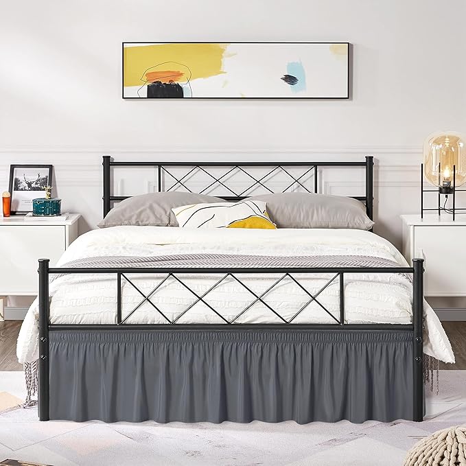 Biscaynebay Wrap Around Bed Skirts with Split Corners for Queen Beds 15" Drop, Dark Grey Adjustable Elastic Dust Ruffles Easy Fit Wrinkle Resistant Silky Luxurious Fabric Machine Washable