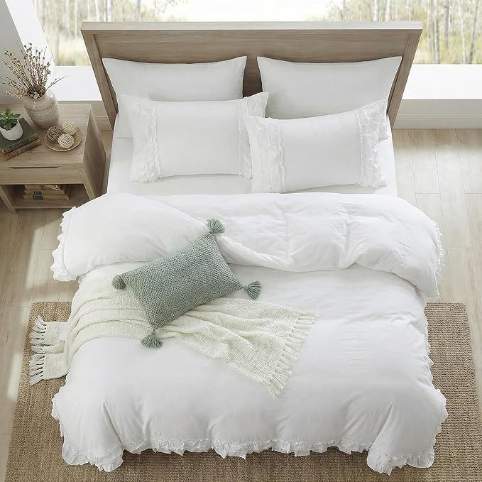 Bedorm White Ruffle Duvet Cover Queen Shabby Chic Bedding Set Pleat Ruffled Farmhouse Pure White Comforter Cover Extra Soft & Easy Care Boho Duvet Cover Set