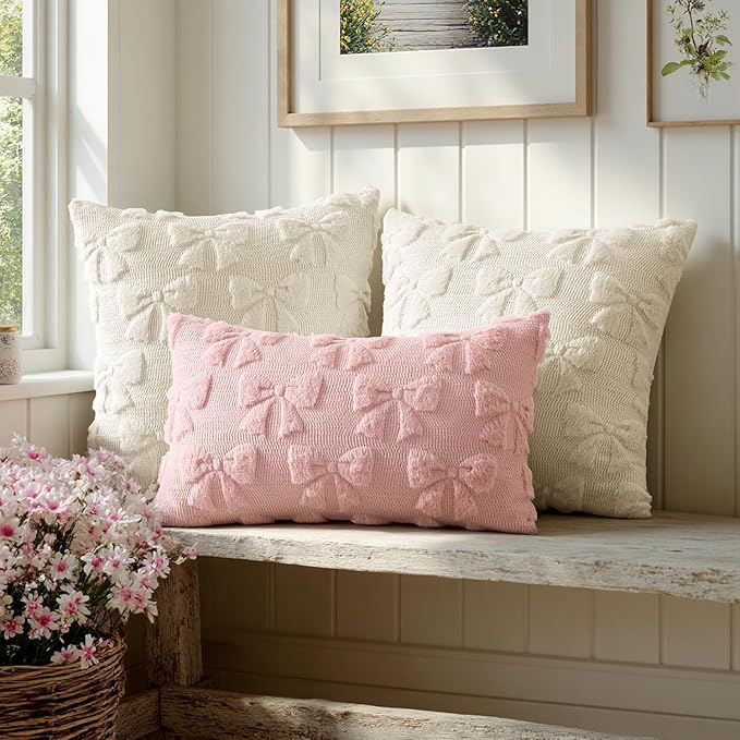 MIULEE Light Pink Bow Pillow Covers Coquette Room Decor Aesthetic Set of 2 Decorative Cute Girl Vlentine Pillow Covers Spring Soft Plush Faux Pillowcase for Preppy Room Decor Bedroom Couch,12x20 Inch