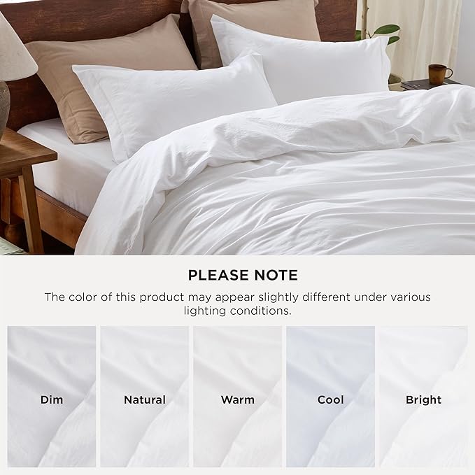 Bedsure 100% Washed Cotton Duvet Cover Cal King - Bright White Minimalist Cotton Duvet Cover Linen Like for All Seasons - GentleSoft™ Plain Simple Bedding (Bright White, Cal King, 104"x98")