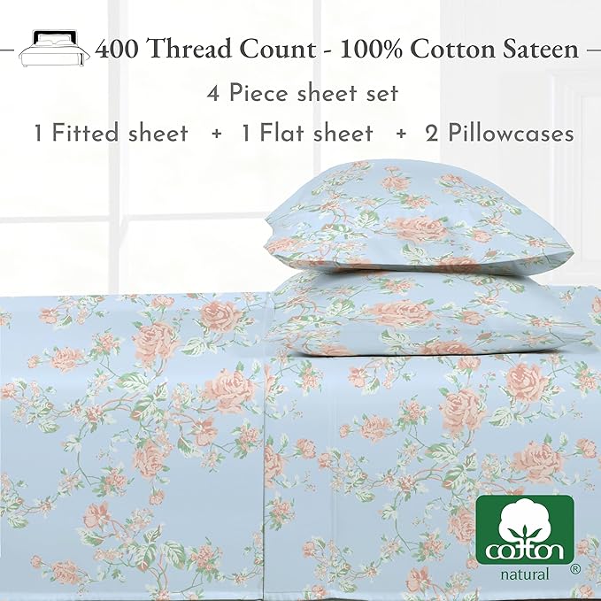 California Design Den Floral Printed Queen Sheet Set - 400 Thread Count Sateen, Natural 100% Cotton Sheets Queen Size Bed Set, Deep Pockets, and Durable Bedding - Antique Rose