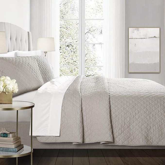 Lush Decor Ava Quilt Diamond Pattern Solid 3 Piece Oversized Bedding Blanket Bedspread Set - Full/Queen - Gray