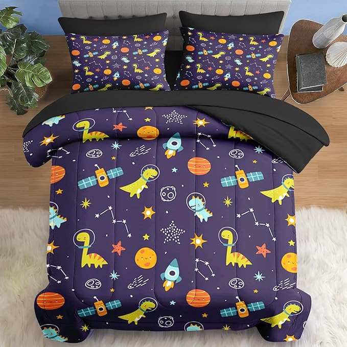 Comforter Set Twin Size, Space Astronaut Dinosaur 5 Pcs Bedding for Kids and Adults, Funny Galaxy Dino Planet Bed Sheet Sets with Fitted Sheet Pillowcase & Sham for Bedroom Bed Decor
