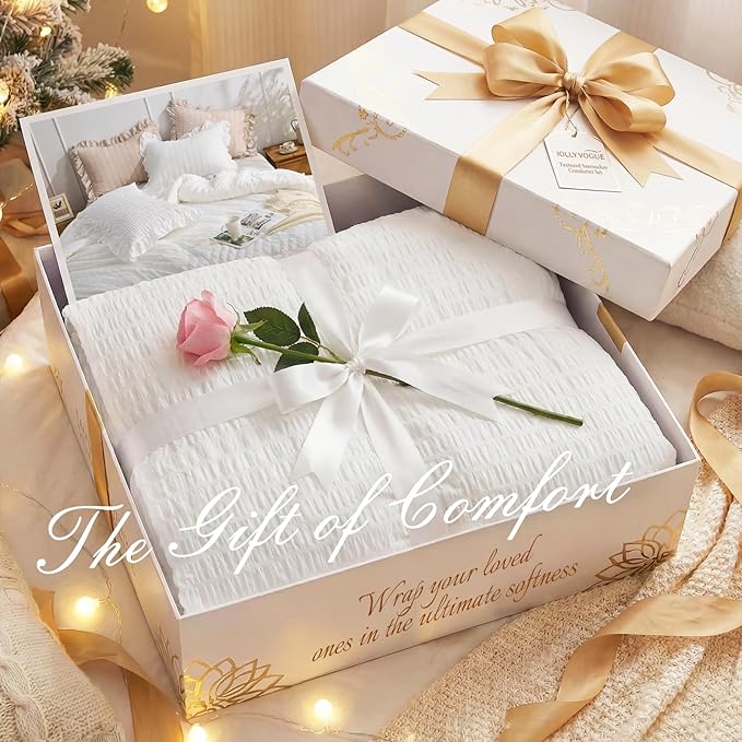 JOLLYVOGUE White Comforters Queen Size, 3 Pieces Ruffle Seersucker Queen Comforter Set for All Season, Lightweight Soft Shabby Chic Bedding Sets for Women（1 Comforter, 2 Pillowshams）