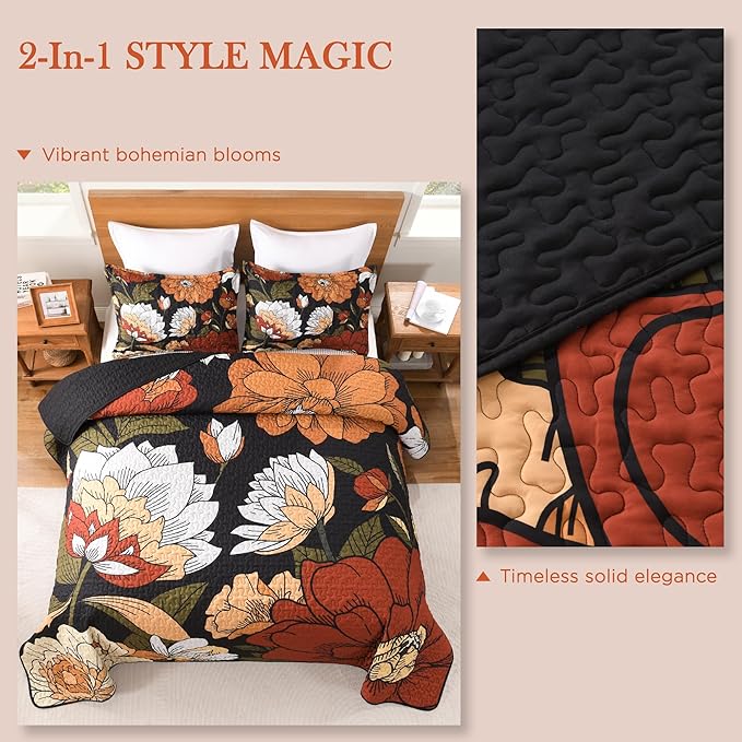 Andency Floral Boho Quilt King Size Bedding Set Black, 3 Pieces Farmhouse Flower Botanical Summer Bedspreads with 2 Shams, Soft Reversible Lightweight Microfiber Coverlet Set for All Season, 106"x96"