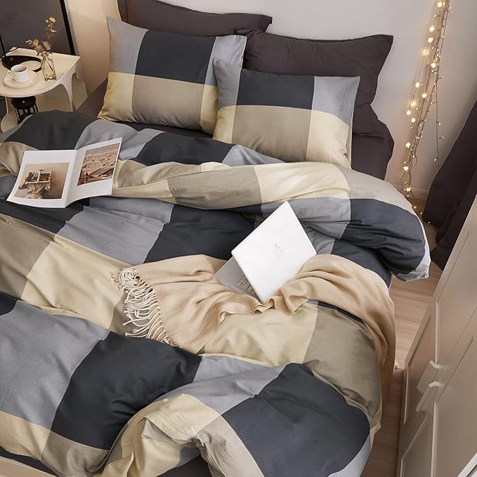 VM VOUGEMARKET Cotton Full Duvet Cover Set,3 Pieces Black Gray Plaid Duvet Cover with 2 Pillowcases Modern Simple Checkered Comforter Cover for Teens Boys Men-80x90 Inch