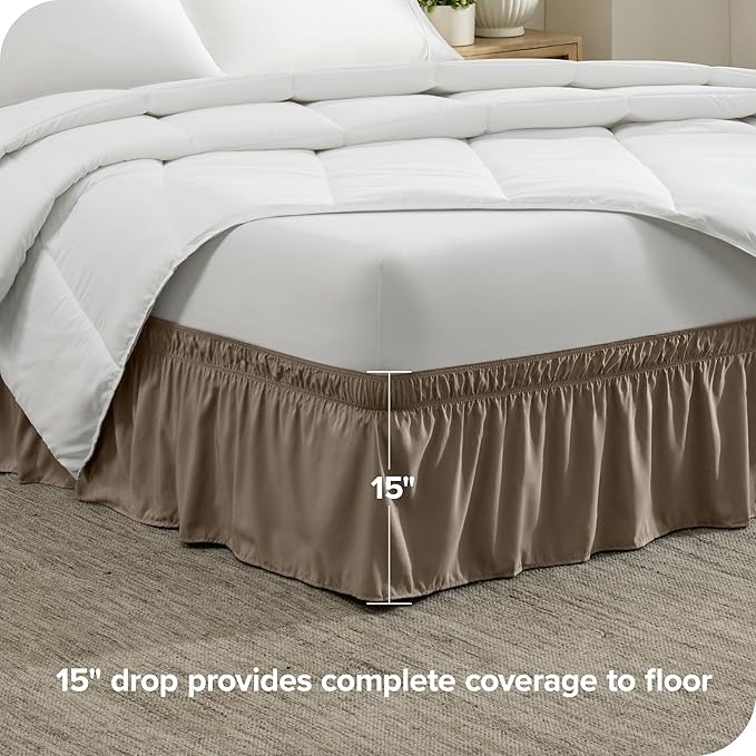 Bare Home Wrap Around Bed Skirt - for Full Size Beds with 15 inch Tailored Drop - Easy Fit Elastic Strap - Adjustable and Ruffled Style - Wrinkle, Fade, and Stain Free (Full, Taupe)