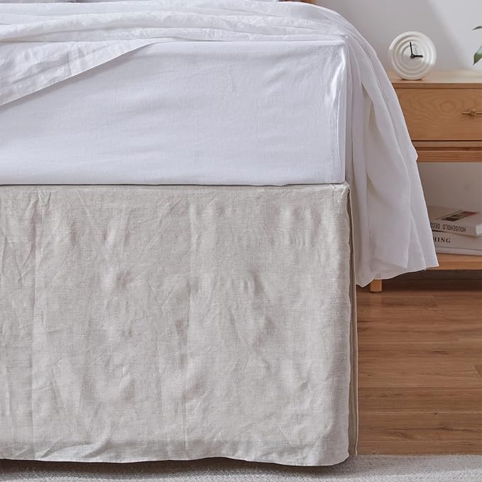 Simple&Opulence Belgian Linen Bed Skirt with Classic 22 inch Tailored Drop Dust Ruffle, Easy Fit Breathable Premium Natural Flax - Basic Linen, Queen