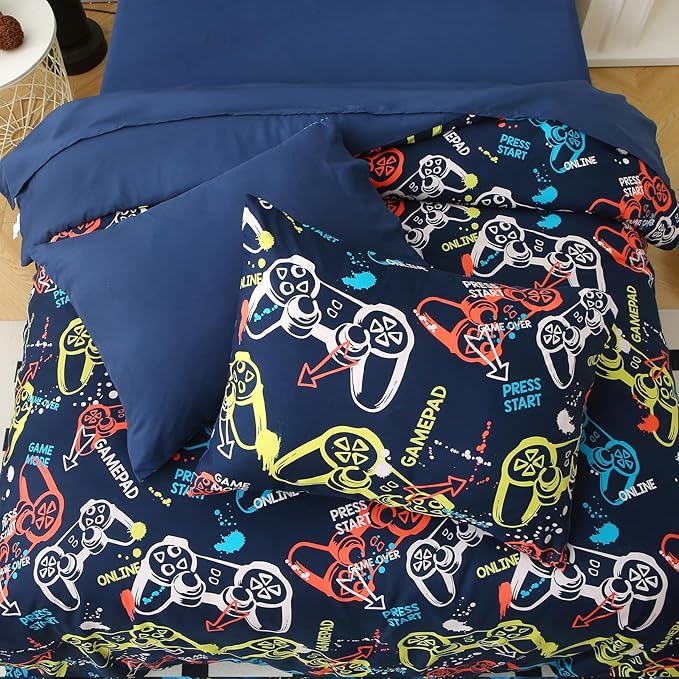 Glow in The Dark Kids Comforter Set, 7 Pieces Gamepad Pattern Bedding Set Full Size for Boys Girls Teen, 1 Comforter, 1 Pillowcase, 2 Pillow Shams
