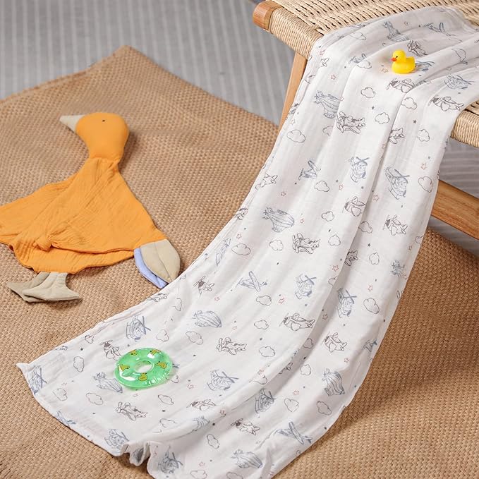 Premium Soft Muslin Cotton Muslin Swaddle Blanket, Silky Baby Receiving Wrap for Newborns Unisex Design, Ideal for Boys and Girls 47x47 Inches (120x120cm) - Large and Comfortable (Airplane & Cloud)