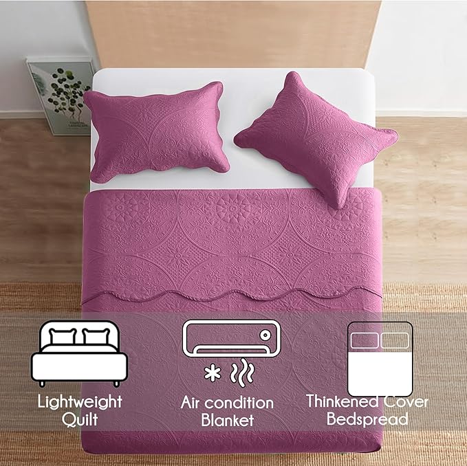 IR Imperial Rooms California King Quilt Bedding Set Size (118"x106") + 2 Pillow Shams (20" x 36"+ 2") - 3 Pcs All Season Reversible Microfiber Coverlet Embossed Floral Quilt Bedspread (Purple)