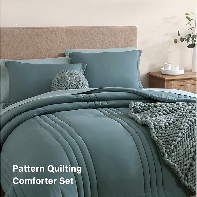 Monbix King Size Comforter Set - 7 Pieces Bed in a Bag King, Blue Green Bedding Sets with Comforter, All Seasons Comforter Bed Set with Sheets, Pillowcases & Shams