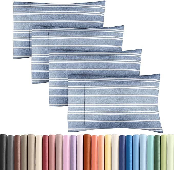 Queen Pillow Cases Set of 4 - Ultra Soft Hotel Quality Pillowcase Covers - Comfy, Cozy & Wrinkle Free - Shrinkage and Fade Resistant - Machine Washable Pillow Protectors - 4 Piece Set - Blue Stripes 3