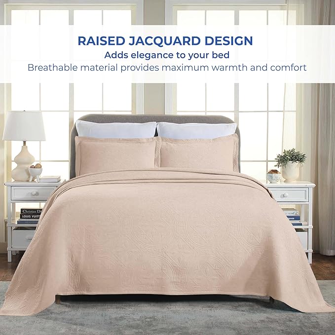 Superior 2 Piece Celtic Circles Cotton Bedspread Set, Decorative Bed Spread, Home Bed Decor, 1 Pillow Sham, Medium Weight Blanket, Matelasse Coverlet Bedding, Wedding Ring Design, Twin, Bisque