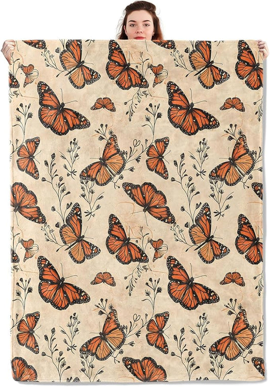 Butterfly Blanket Lightweight Blankets Gifts for Women Flannel Throw with Vintage Monarch Butterflies and Botanical Printed for Sofa, Bed, Picnic, Office, Retro Decor Throws 50x40 Inch