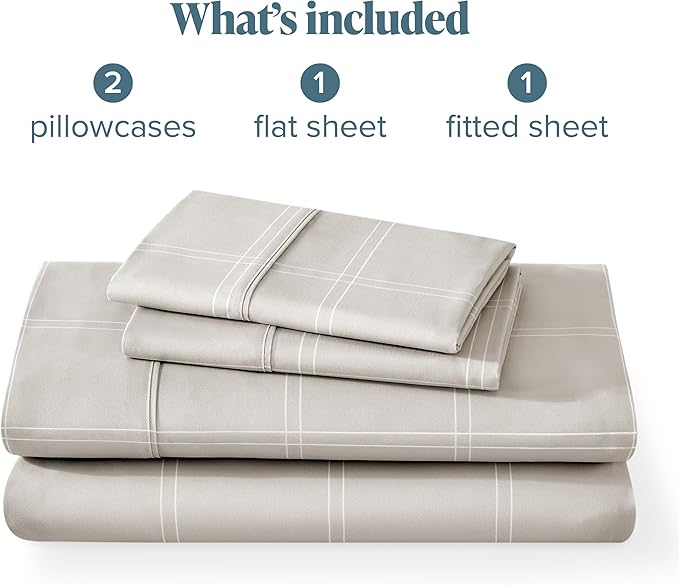 Bare Home Queen Sheet Set - Luxury 1800 Ultra-Soft Microfiber Double Brushed - Deep Pockets - Easy Fit - 4 Piece Set (Queen, Modern Plaid - Stone/White)
