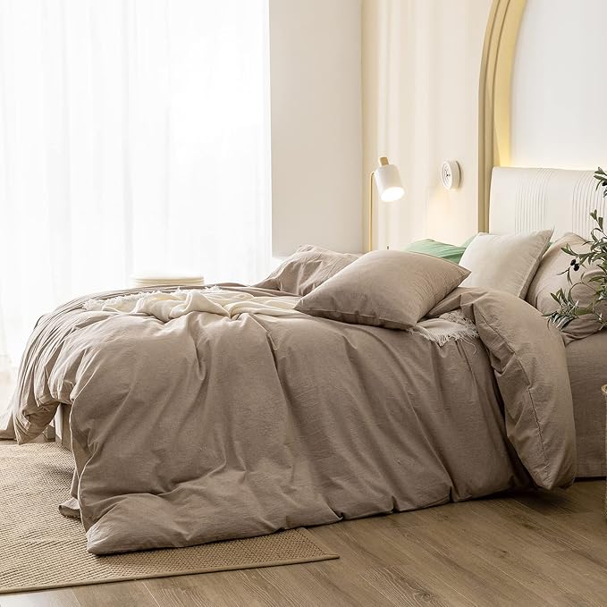 JIYUAN 100% Washed Cotton Duvet Cover Set Comfy Simple Style Soft Breathable Textured Durable Linen Feel Bedding for All Seasons King, Taupe