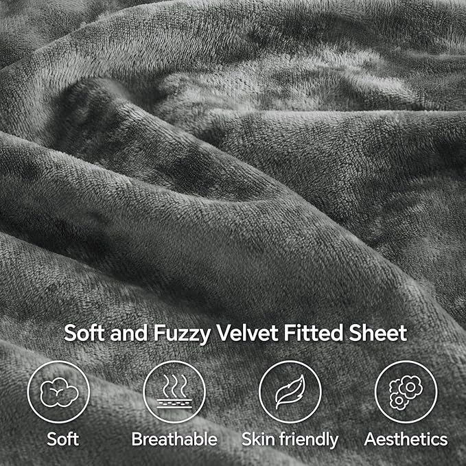 BEDELITE Velvet Fitted Sheet and Pillowcase Set, Luxury Soft Fuzzy Bottom Sheet with Reinforced Elastic Corner Straps, Deep Pocket up to 15 Inch, 1 Fitted Sheet and 1 Pillowcase (Twin, Grey)