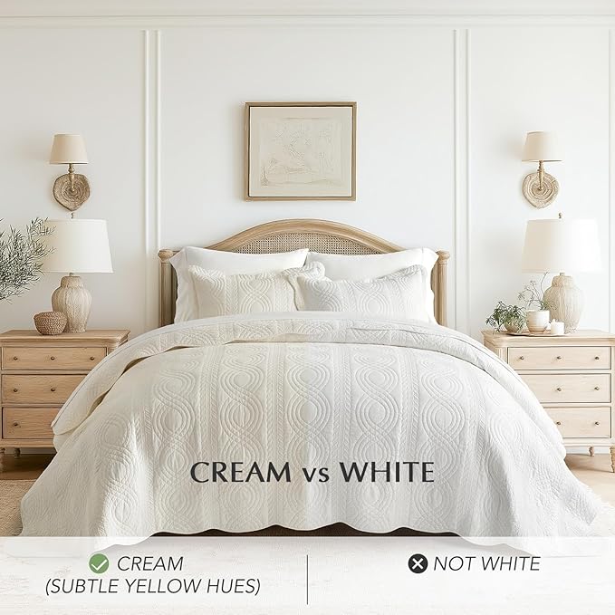EVERGRACE 100% Cotton Scallop Quilt Set, King Size 3 Piece Set – Lightweight Bedspread with 2 Shams, Soft Prewashed Matelasse Coverlet for Cozy and Elegant Bedding, Ivory Cream