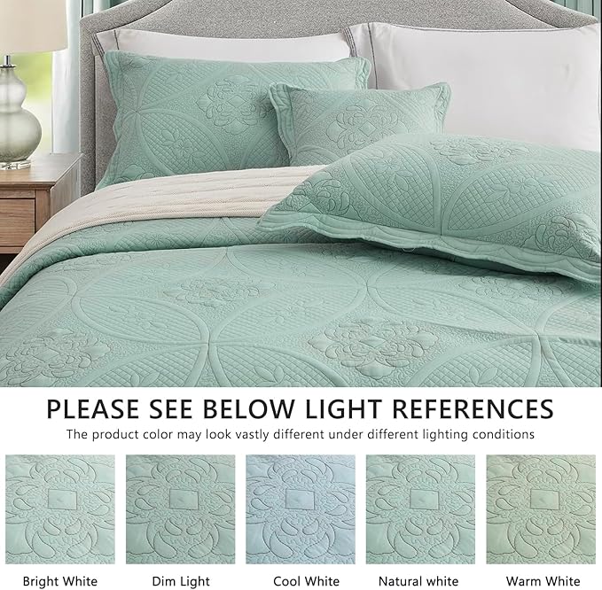 Oversized Bedspread - King Size Bedding Cover - Modern & Contemporary Coverlet Set, Real Stitching, Reversible, Lightweight, 5 Piece, Seaglass