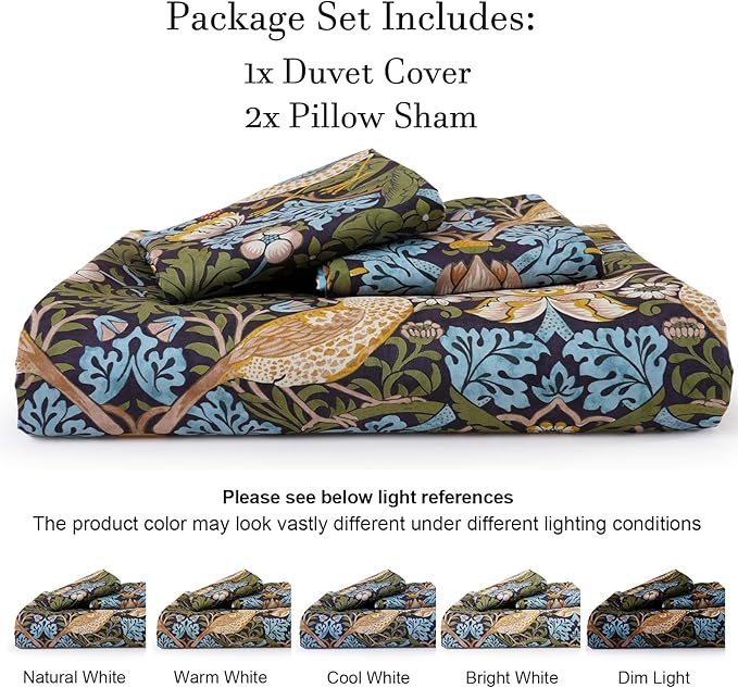 PHF Ultra Soft Floral Duvet Cover King Size, Revisible Boho Printed Vintage Bedding Set 3 Pieces, Comfy Durable Morris Garden Duvet Cover Set with 2 Pillow Shams, Zipper Closure and 8 Ties, 104"x90"