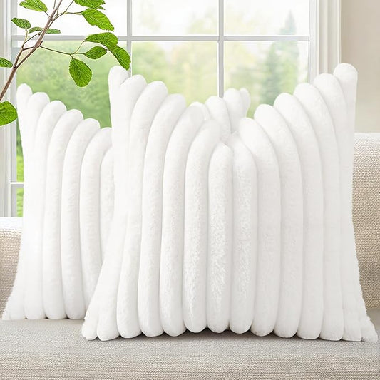 decorUhome Cozy Faux Fur Spring Throw Pillow Covers 16x16 Set of 2 Decorative Soft Plush Striped Modern Farmhouse Boho Couch Pillow Cases with Velvet Back for Sofa Bed Living Room, White