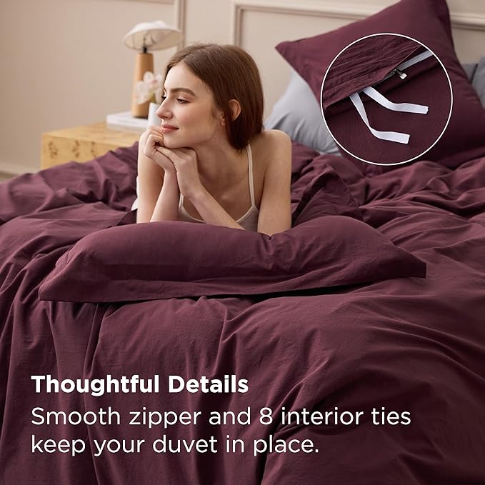 Bedsure 100% Washed Cotton Duvet Cover King Size - Burgundy Minimalist Cotton Duvet Cover Linen Like for All Seasons - GentleSoft™ Plain Simple Bedding (Burgundy, King, 104"x90")
