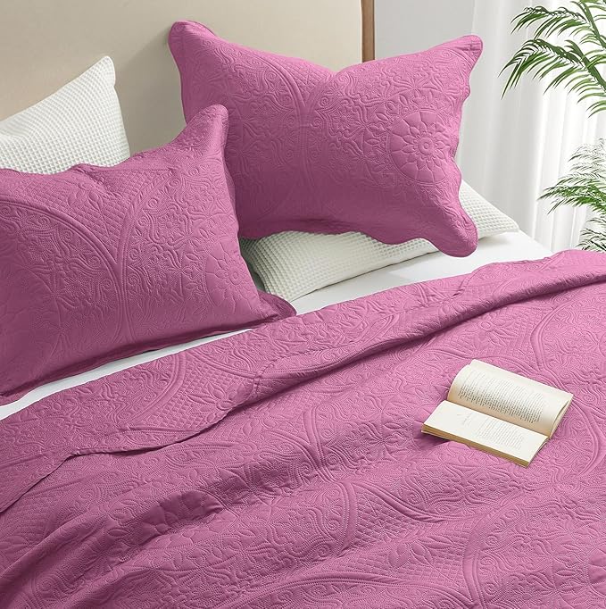 IR Imperial Rooms California King Quilt Bedding Set Size (118"x106") + 2 Pillow Shams (20" x 36"+ 2") - 3 Pcs All Season Reversible Microfiber Coverlet Embossed Floral Quilt Bedspread (Purple)