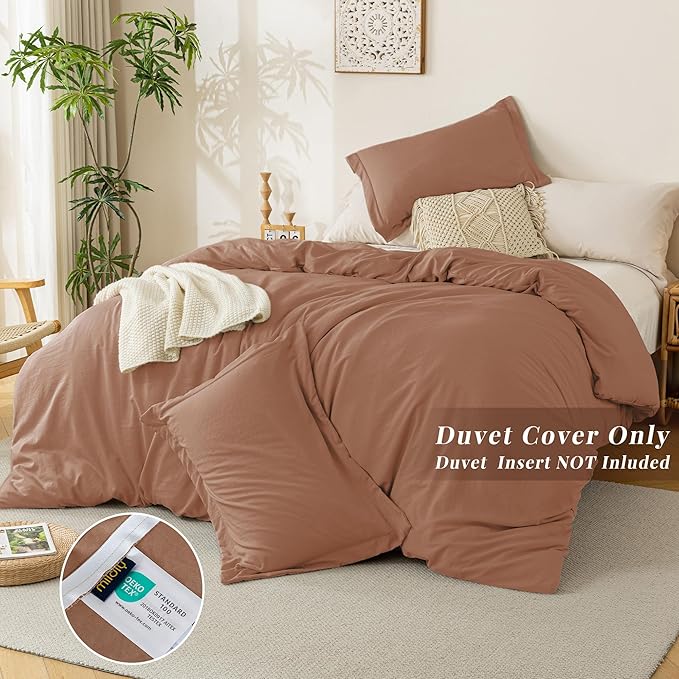 MILDLY Super Soft Duvet Cover 2pcs - 100% Washed Microfiber Mocha Comforter Cover Set 3 Pieces with Zipper Closure & Corner Ties
