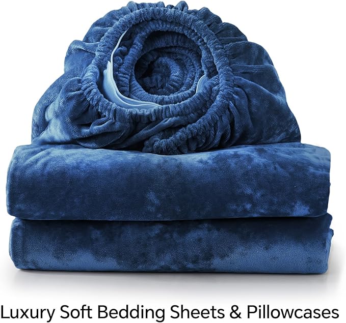 BEDELITE Velvet Fitted Sheet and Pillowcases Set, Luxury Soft Fuzzy Bottom Sheet with Reinforced Elastic Corner Straps, Deep Pocket up to 15 Inch, 1 Fitted Sheet and 2 Pillowcases (King, Navy Blue)