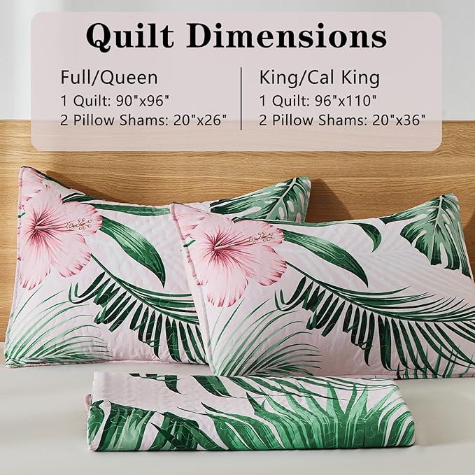 Yogeneg Queen Quilt Bedding Set,Green Botanical Pattern Blush Full/Queen Quilt Set,3 Piece Lightweight Soft Summer Bedspread Coverlet with 2 PIillow Shams,All Season(Pink,90"x96")