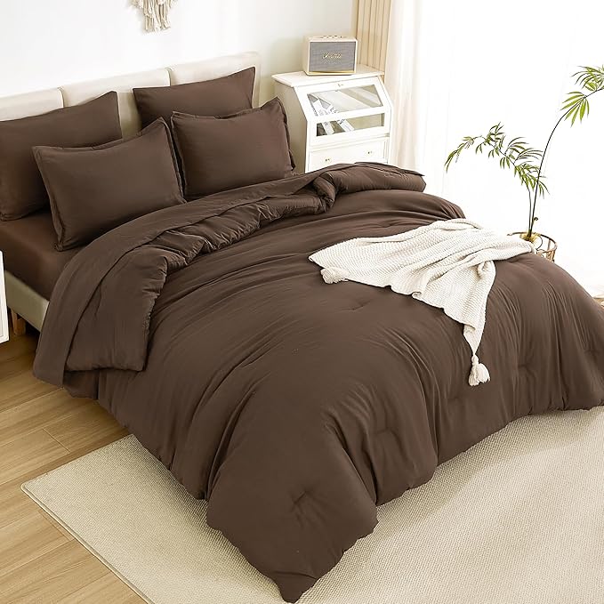 Litanika Queen Comforter Set Brown - 7 Pieces Bed in a Bag Queen Bedding Comforter Sets, Solid Lightweight Bed Set with Comforter, Sheets, Pillowcases & Shams