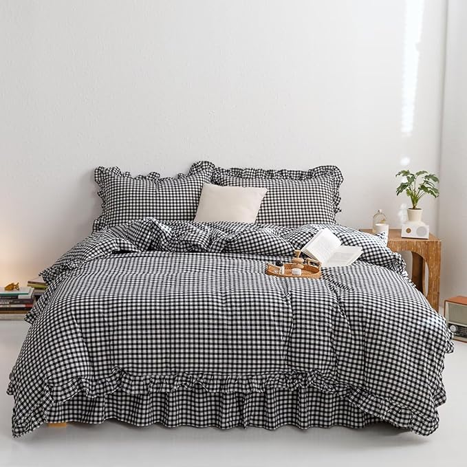 mixinni Black White Gingham Ruffle Duvet Cover Full Size 3 Pieces – 100% Washed Cotton, Vintage Plaid Ruffled Bedding Set with Zipper Ties, Soft Checkered Grid Farmhouse Chic Comforter Cover Set