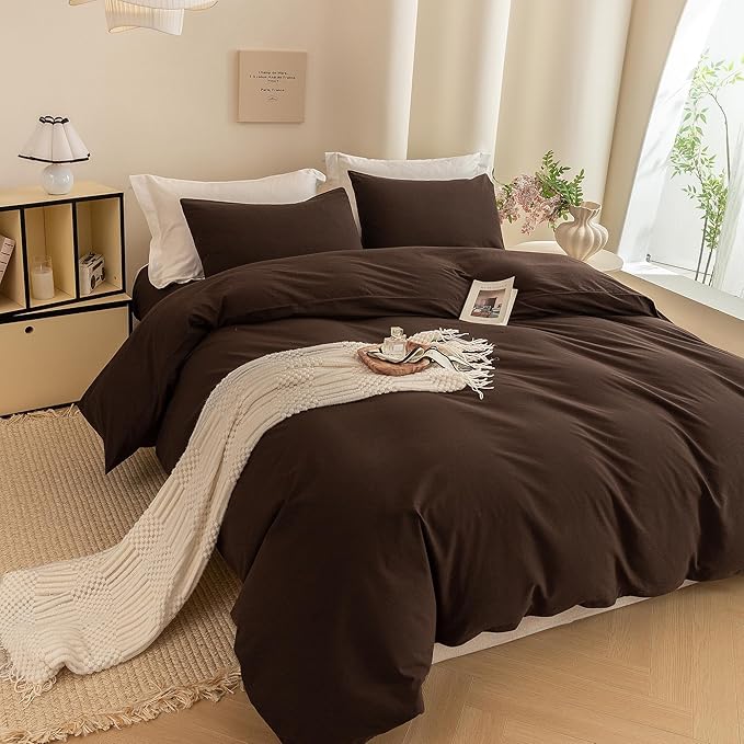 ECOCOTT Duvet Cover King Size -100% Washed Cotton Linen Like Textured Breathable Durable Soft Comfy Bedding Set with Zipper Closure & Corner Ties Chocolate Brown