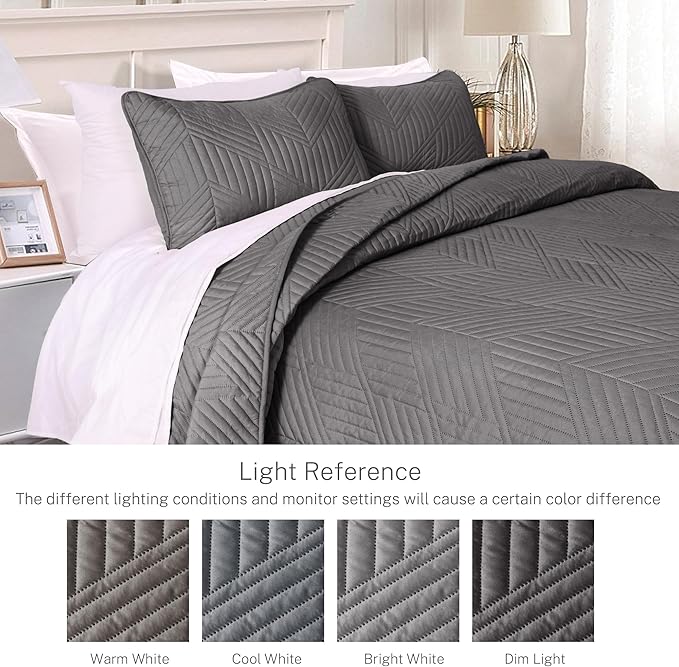 Exclusivo Mezcla Ultrasonic Full Queen Quilt Bedding Set, Lightweight Grey Bedspreads Soft Modern Geometric Coverlet Set for All Seasons (1 Quilt and 2 Pillow Shams)