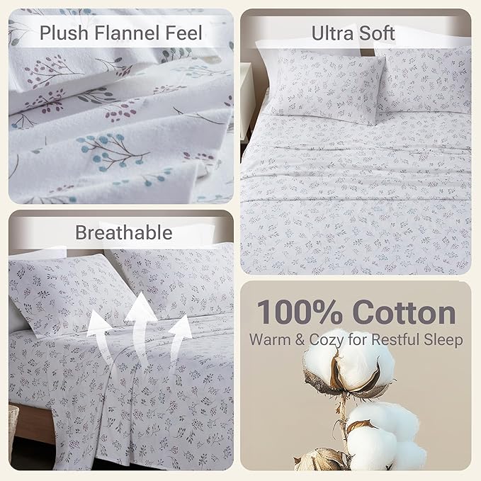 True North by Sleep Philosophy Flannel Sheets Cal King, Cozy 100% Cotton Flannel Bed Sheets, Ultra Soft Sheet Set, Novelty Print Themed Cold Weather Warm Bedding Set, White Tossed Botanical, 4 Piece
