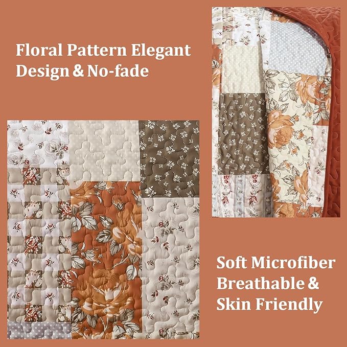 Patchwork Quilts Set Queen Size 3 Pieces Terracotta Plaid Bedspread Coverlet Set, Bohemian Farmhouse Brown Patchwork Quilt Bedding Set for All Season, Reversible Lightweight Bed Cover for All Season