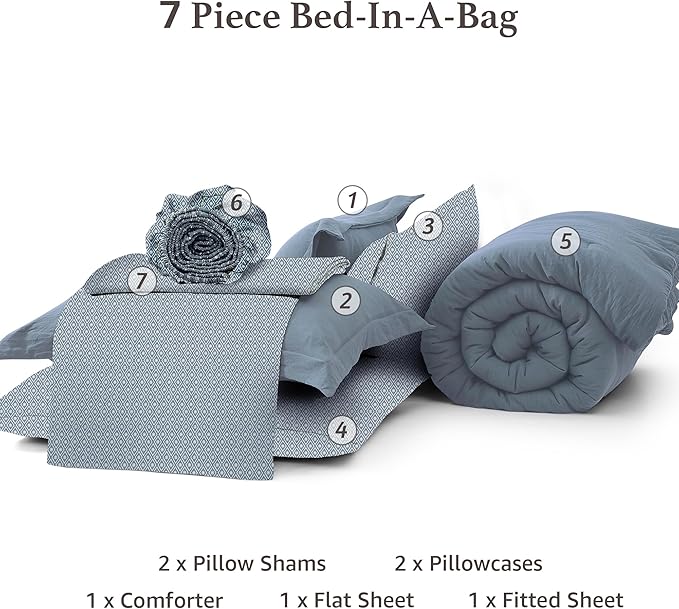 Monbix Queen Comforter Set - 7 Pieces Oxford Blue Prewashed Bed in a Bag Queen Bedding Sets with Comforters, All Seasons Ultra Soft Comforter Bed Set with Sheets,Pillowcases & Shams