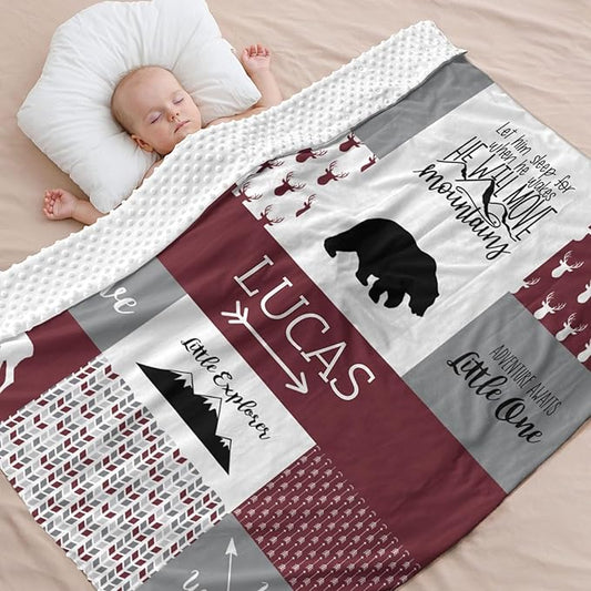 Personalized Baby Blanket Custom Blanket with Name for Newborn Baby Boy Nursery Blankets Gifts Customize Baby Blankets 35x45in Newborn Holiday Shower Gift, Deep Red