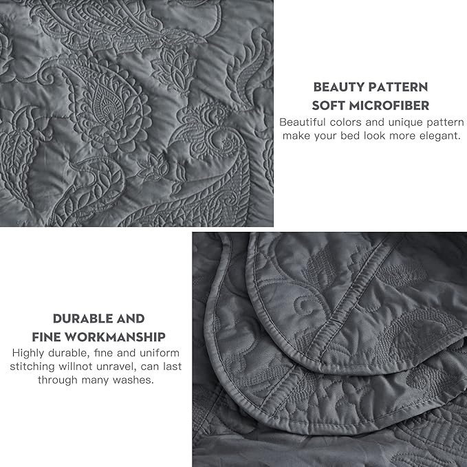 HZ & HY Queen Size Bedspread, Quilted Coverlet Bedding Set, Lightweight Thin Comforter, Reversible, Luxurious, 5 Piece, 100% Microfiber, Queen, Dark Grey