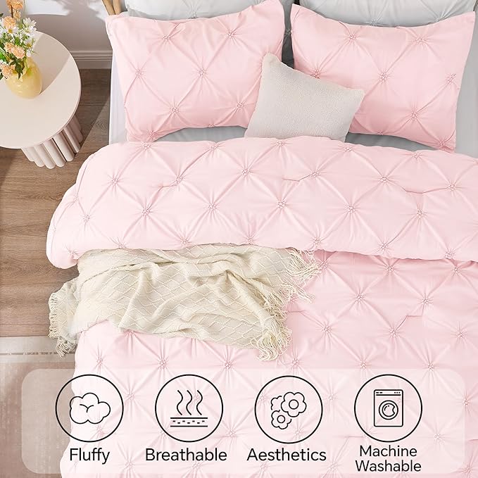 BEDELITE Baby Pink Comforter Set Full - 3 Peices Boho Pintuck Bedding Comforter Sets, Lightweight Soft & Warm Twin Bedding Sets with 2 Pillowcase for All Season