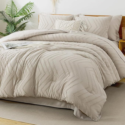 Litanika King Size Comforter Set with Sheets Beige - 7 Pieces Bed in a Bag King Chevron Tufted Boho Luxury Bedding Sets with Comforter, Sheets, Pillowcases & Shams